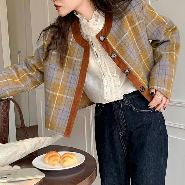 レトロチェック柄ショートジャケット 4857-お取り寄せ4857-画像7-韓国ファッション通販POPREA［ポップリア］