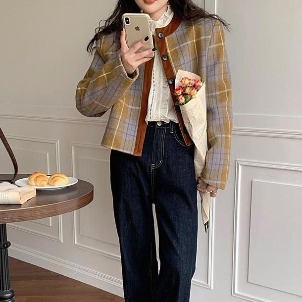 レトロチェック柄ショートジャケット 4857-お取り寄せ4857-画像8-韓国ファッション通販POPREA［ポップリア］