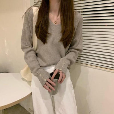 Vネックボタンスリーブトップス 4858-gray_お取り寄せ48582-画像5-韓国ファッション通販POPREA［ポップリア］