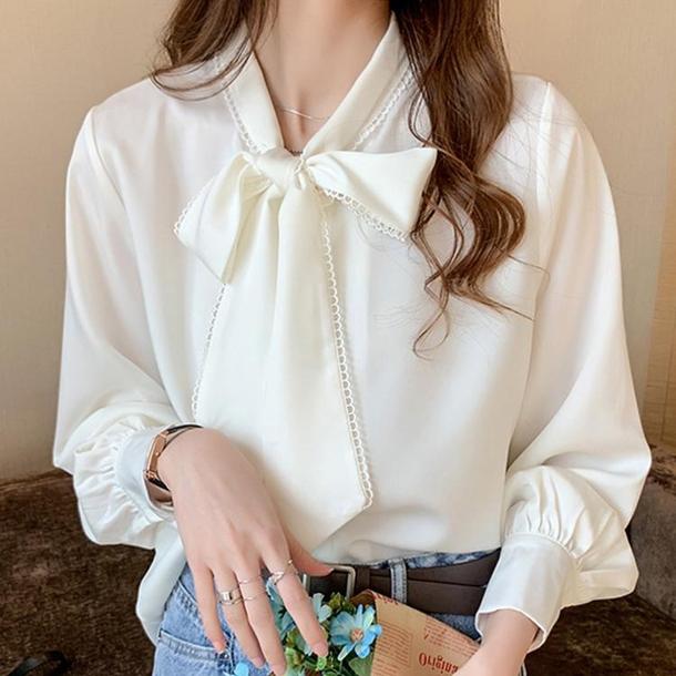 ボウタイリボンシルクタッチブラウス 4862-S/white_お取り寄せ48621-画像1-韓国ファッション通販POPREA［ポップリア］