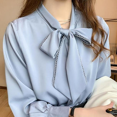 ボウタイリボンシルクタッチブラウス 4862-S/blue_お取り寄せ48625-画像7-韓国ファッション通販POPREA［ポップリア］