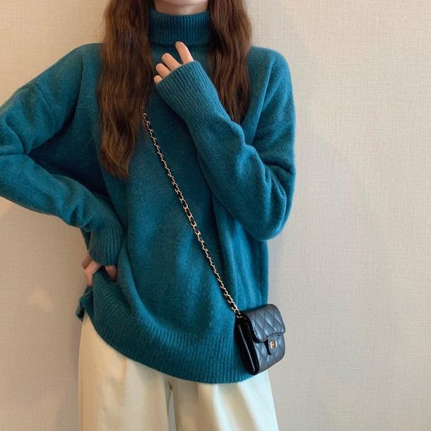 タートルネックルーズセーターニット 4873-peacock-blue_お取り寄せ48731-画像2-韓国ファッション通販POPREA［ポップリア］