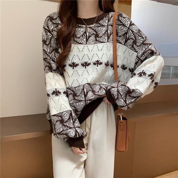 ラウンドネックリーフ柄プルオーバー 5795-brown_お取り寄せ5795-画像2-韓国ファッション通販POPREA［ポップリア］