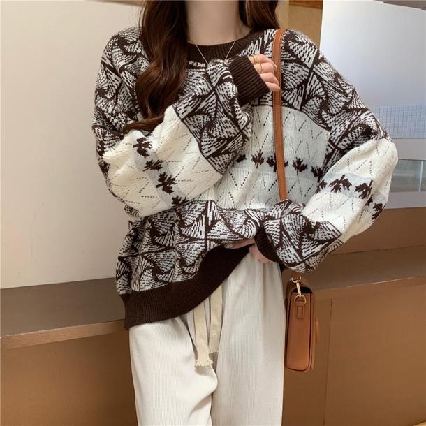 ラウンドネックリーフ柄プルオーバー 5795-brown_お取り寄せ5795-画像3-韓国ファッション通販POPREA［ポップリア］