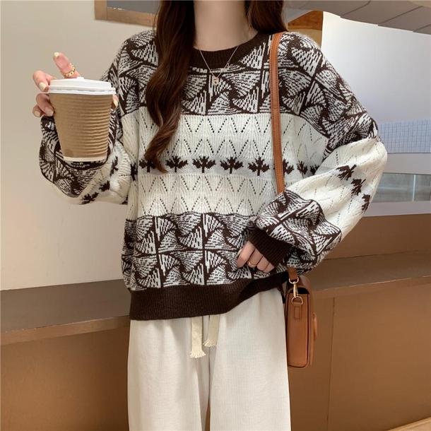 ラウンドネックリーフ柄プルオーバー 5795-brown_お取り寄せ5795-画像4-韓国ファッション通販POPREA［ポップリア］
