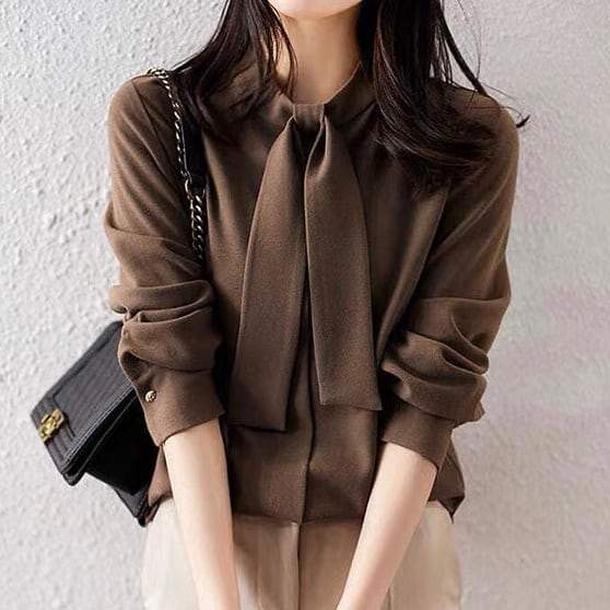 リボンタイソフトタッチブラウス 4881-M/coffee_お取り寄せ48811-画像1-韓国ファッション通販POPREA［ポップリア］