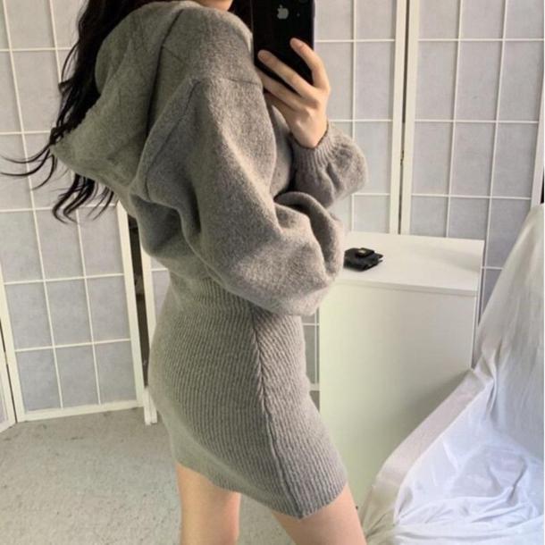 フード付きニット&ミニスカートワンピ 4899-お取り寄せ4899-画像3-韓国ファッション通販POPREA［ポップリア］