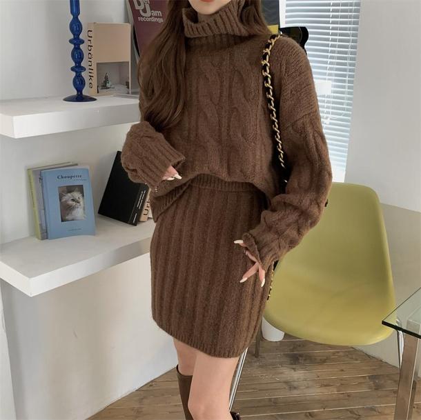 マシュマロケーブルニットセットアップ 4915-brown_お取り寄せ49151-画像1-韓国ファッション通販POPREA［ポップリア］