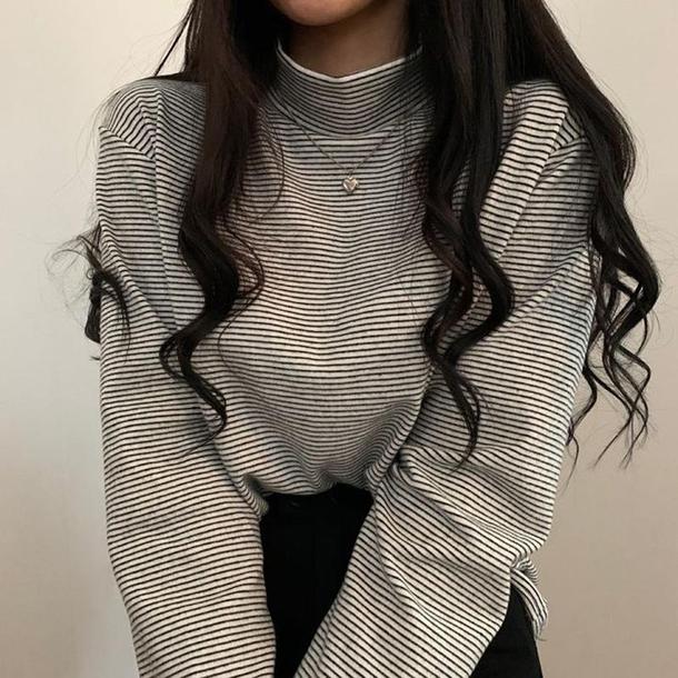 ハイネックボーダートップス 4927-white_お取り寄せ49271-画像1-韓国ファッション通販POPREA［ポップリア］