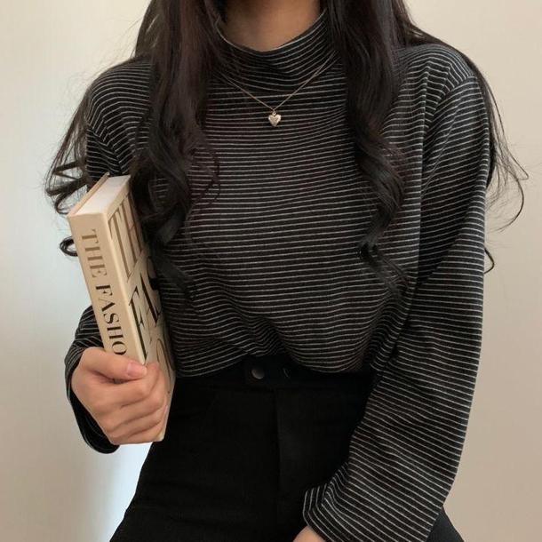 ハイネックボーダートップス 4927-black_お取り寄せ49272-画像9-韓国ファッション通販POPREA［ポップリア］