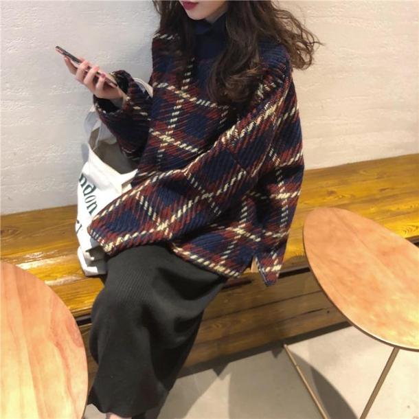 ハイネックチェックニット 4929-お取り寄せ4929-画像2-韓国ファッション通販POPREA［ポップリア］