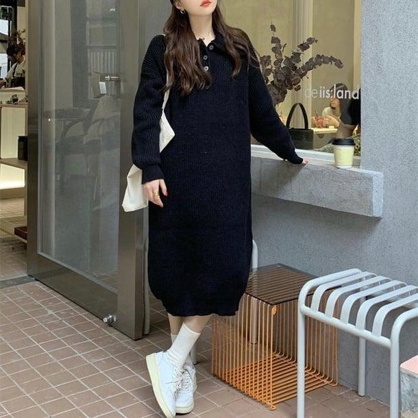 ワッフルミディニットワンピース 4933-black_お取り寄せ49332-画像9-韓国ファッション通販POPREA［ポップリア］