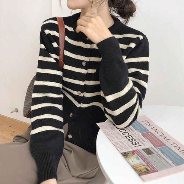 ベーシックボーダーカーディガン 4939-black_お取り寄せ49392-画像6-韓国ファッション通販POPREA［ポップリア］