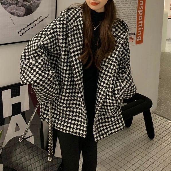 千鳥格子ジッパーミドルコート 4945-お取り寄せ4945-画像8-韓国ファッション通販POPREA［ポップリア］