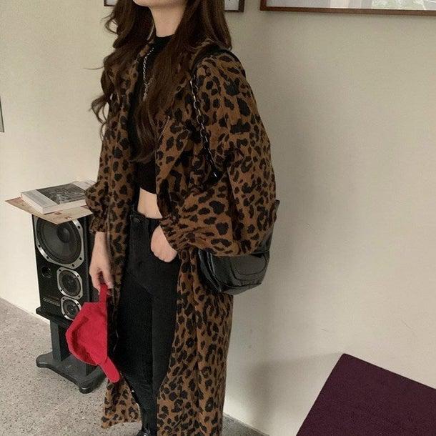 豹柄ロングストレートコート 4948-お取り寄せ4948-画像4-韓国ファッション通販POPREA［ポップリア］