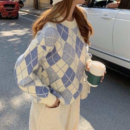 ダイヤ柄カラーニット 4951-blue_お取り寄せ49511-画像2-韓国ファッション通販POPREA［ポップリア］