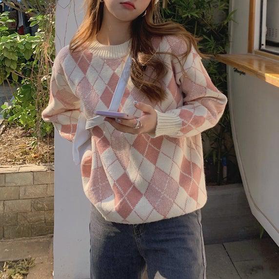 ダイヤ柄カラーニット 4951-pink_お取り寄せ49512-画像6-韓国ファッション通販POPREA［ポップリア］