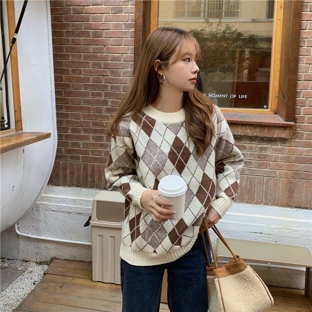 ダイヤ柄カラーニット 4951-brown_お取り寄せ49513-画像10-韓国ファッション通販POPREA［ポップリア］