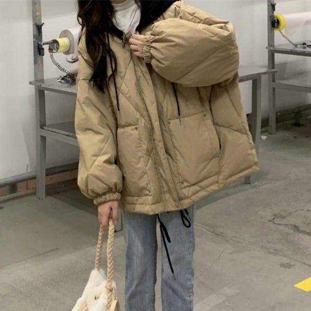 ブラックフードダウンジャケット 4953-khaki_お取り寄せ4953-画像3-韓国ファッション通販POPREA［ポップリア］