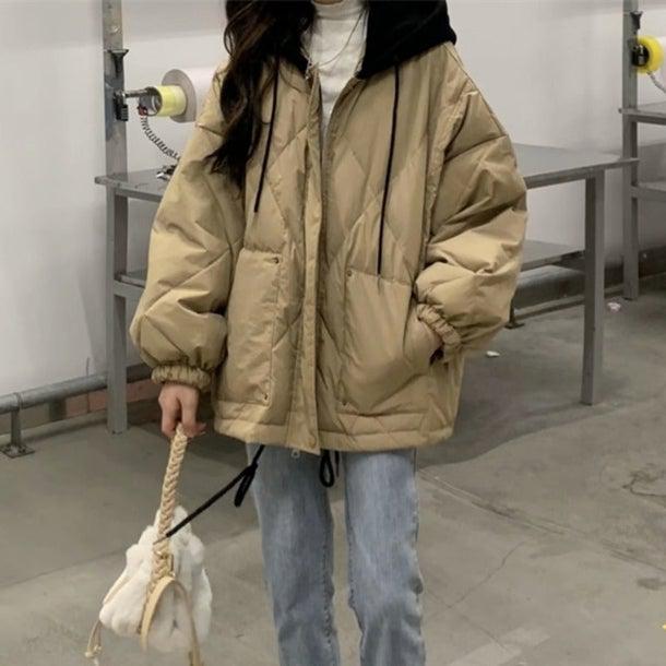 ブラックフードダウンジャケット 4953-khaki_お取り寄せ4953-画像4-韓国ファッション通販POPREA［ポップリア］