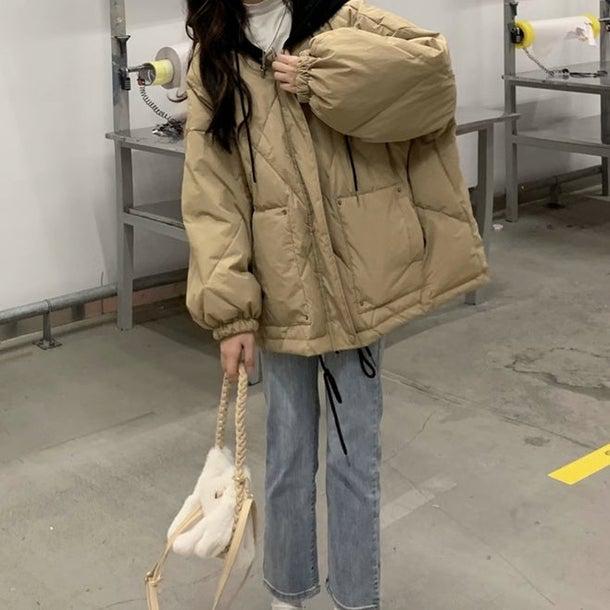 ブラックフードダウンジャケット 4953-khaki_お取り寄せ4953-画像8-韓国ファッション通販POPREA［ポップリア］