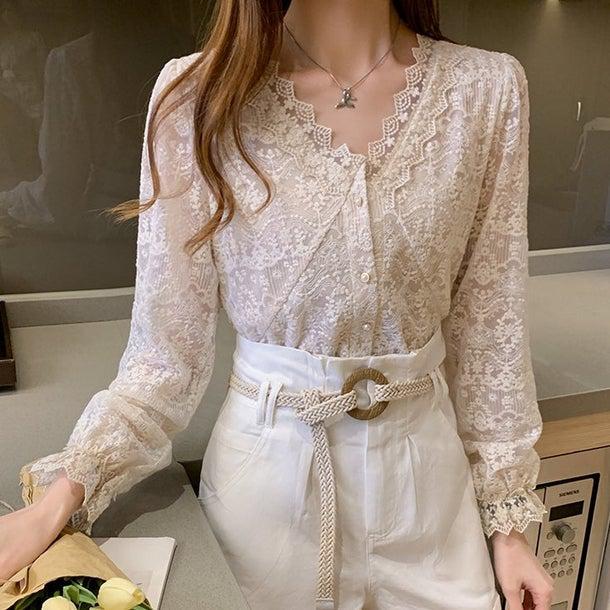フラワーレースVネックブラウス 4964-S/beige_お取り寄せ49644-画像8-韓国ファッション通販POPREA［ポップリア］