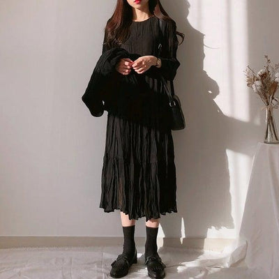 プリーツティアードシフォンワンピ 4995-S/black_お取り寄せ49954-画像1-韓国ファッション通販POPREA［ポップリア］