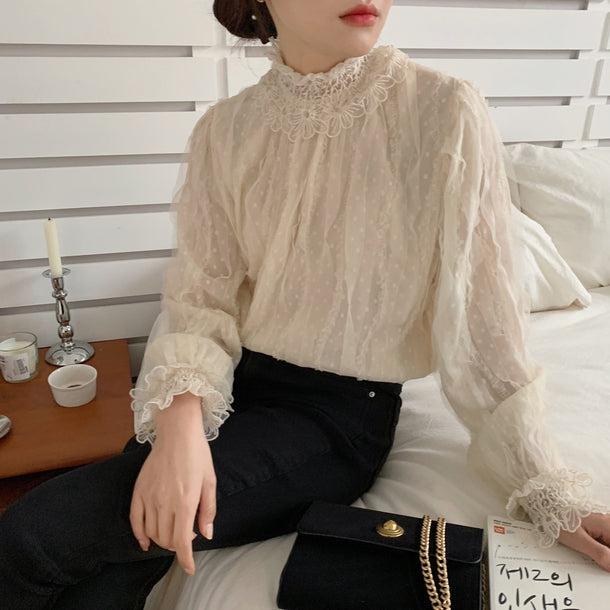 フラワーステッチドットブラウス 5008-お取り寄せ5008-画像2-韓国ファッション通販POPREA［ポップリア］