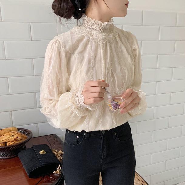 フラワーステッチドットブラウス 5008-お取り寄せ5008-画像4-韓国ファッション通販POPREA［ポップリア］