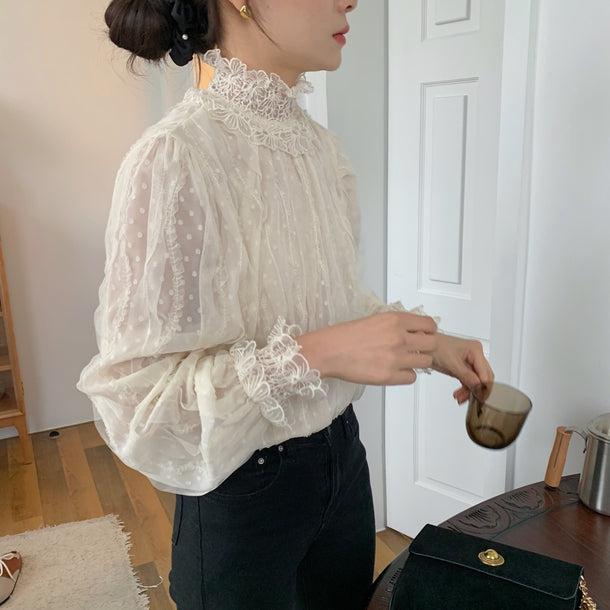 フラワーステッチドットブラウス 5008-お取り寄せ5008-画像6-韓国ファッション通販POPREA［ポップリア］