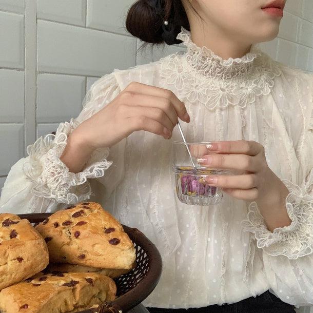 フラワーステッチドットブラウス 5008-お取り寄せ5008-画像1-韓国ファッション通販POPREA［ポップリア］