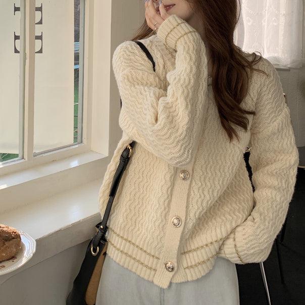 ビジューボタンルーズカーディガン 5020-ivory_お取り寄せ5020-画像2-韓国ファッション通販POPREA［ポップリア］