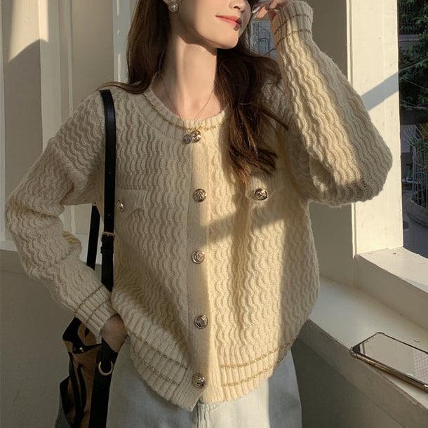 ビジューボタンルーズカーディガン 5020-ivory_お取り寄せ5020-画像3-韓国ファッション通販POPREA［ポップリア］