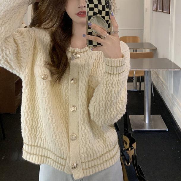 ビジューボタンルーズカーディガン 5020-ivory_お取り寄せ5020-画像5-韓国ファッション通販POPREA［ポップリア］