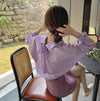 バックリボンカラーシャツブラウス 5022-purple_お取り寄せ50221-画像1-韓国ファッション通販POPREA［ポップリア］