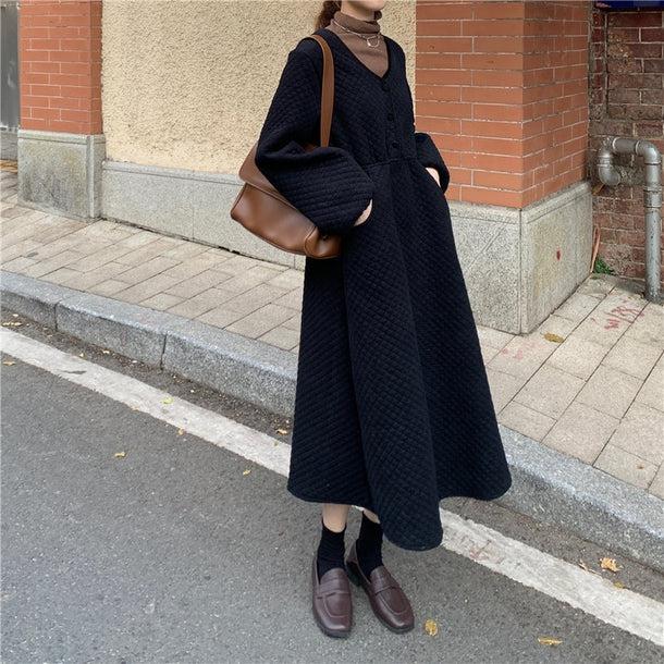 Vネックキルティングワンピース 5033-black_お取り寄せ50332-画像11-韓国ファッション通販POPREA［ポップリア］