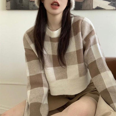 ボックスチェッククロップドニット 5042-beige_お取り寄せ50421-画像2-韓国ファッション通販POPREA［ポップリア］