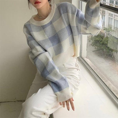 ボックスチェッククロップドニット 5042-blue_お取り寄せ50422-画像12-韓国ファッション通販POPREA［ポップリア］