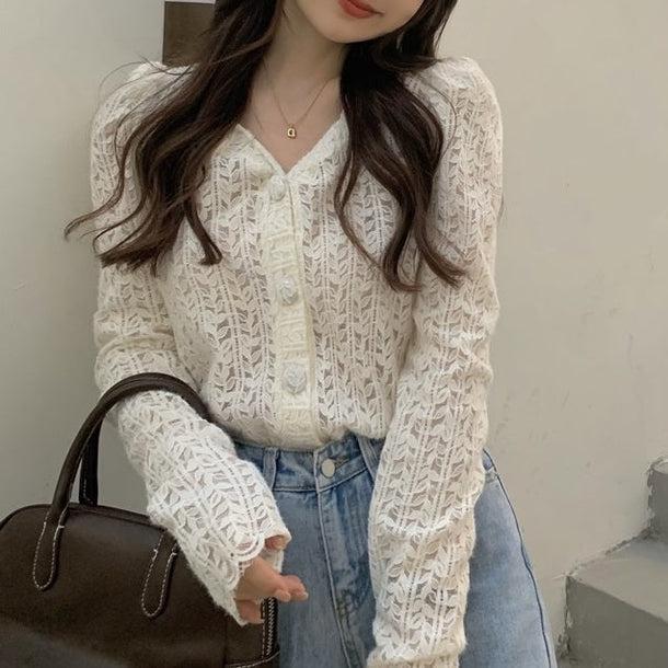 リーフパターンパフスリーブシアーカーディガン 5058-S/ivory_お取り寄せ50584-画像12-韓国ファッション通販POPREA［ポップリア］