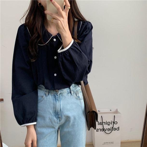 ラウンドカラープリーツブラウス 5088-navy_お取り寄せ50882-画像2-韓国ファッション通販POPREA［ポップリア］