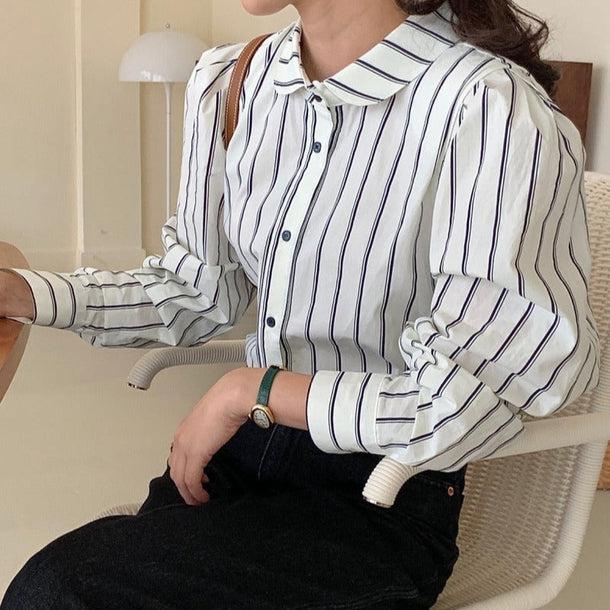 パフスリーブストライプシャツ 5092-お取り寄せ5092-画像2-韓国ファッション通販POPREA［ポップリア］