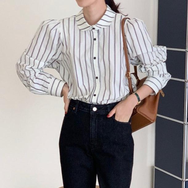 パフスリーブストライプシャツ 5092-お取り寄せ5092-画像4-韓国ファッション通販POPREA［ポップリア］