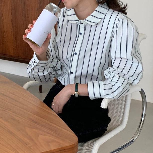 パフスリーブストライプシャツ 5092-お取り寄せ5092-画像7-韓国ファッション通販POPREA［ポップリア］