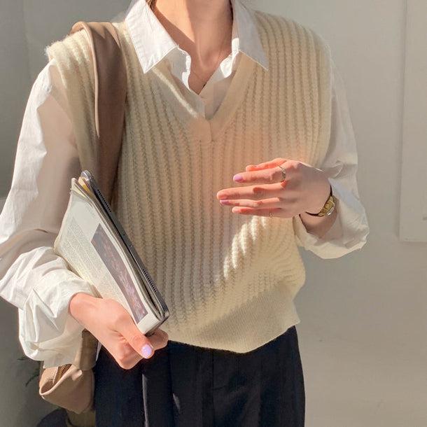 Vネックリブニットベスト 5112-ivory_お取り寄せ51121-画像2-韓国ファッション通販POPREA［ポップリア］