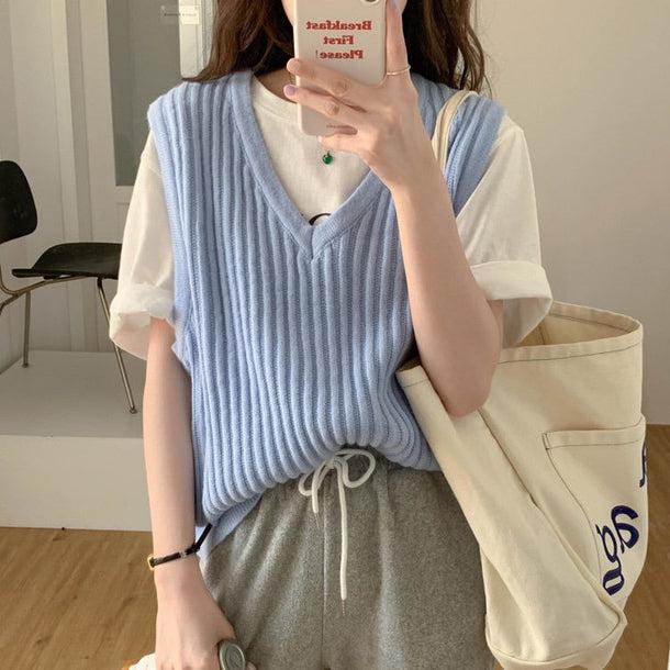 Vネックリブニットベスト 5112-blue_お取り寄せ51122-画像1-韓国ファッション通販POPREA［ポップリア］