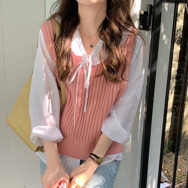 Vネックリブニットベスト 5112-pink_お取り寄せ51123-画像3-韓国ファッション通販POPREA［ポップリア］