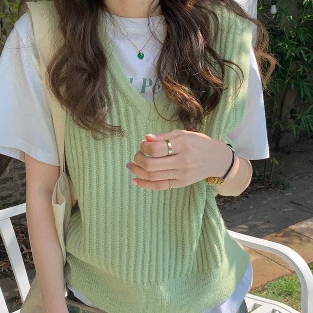 Vネックリブニットベスト 5112-green_お取り寄せ51124-画像4-韓国ファッション通販POPREA［ポップリア］