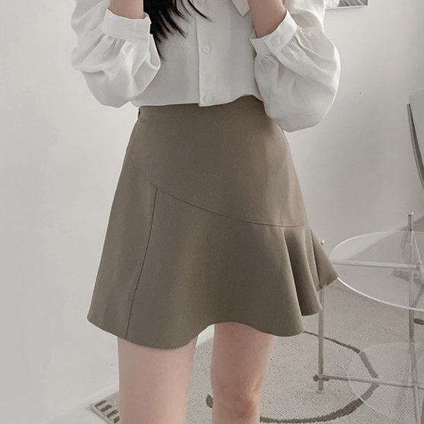 アシンメトリー切り替えミニスカート 5114-S/beige_お取り寄せ51141-画像1-韓国ファッション通販POPREA［ポップリア］