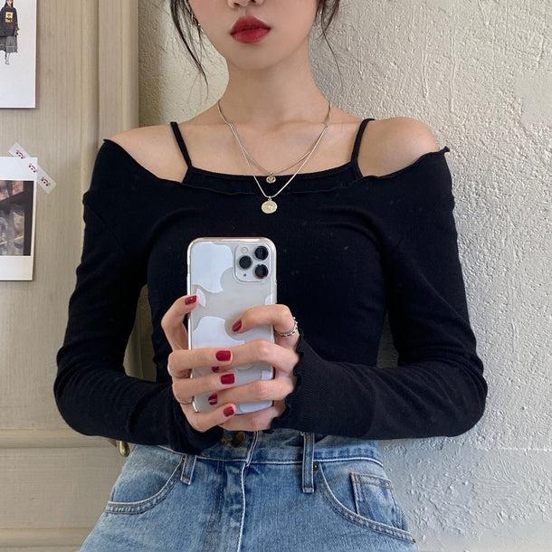 レイヤードメロースリムトップス 5116-black_お取り寄せ51162-画像2-韓国ファッション通販POPREA［ポップリア］