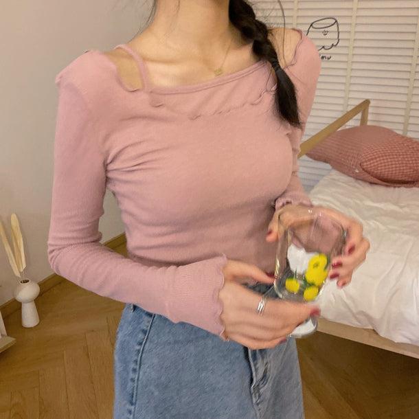 レイヤードメロースリムトップス 5116-pink_お取り寄せ51163-画像3-韓国ファッション通販POPREA［ポップリア］